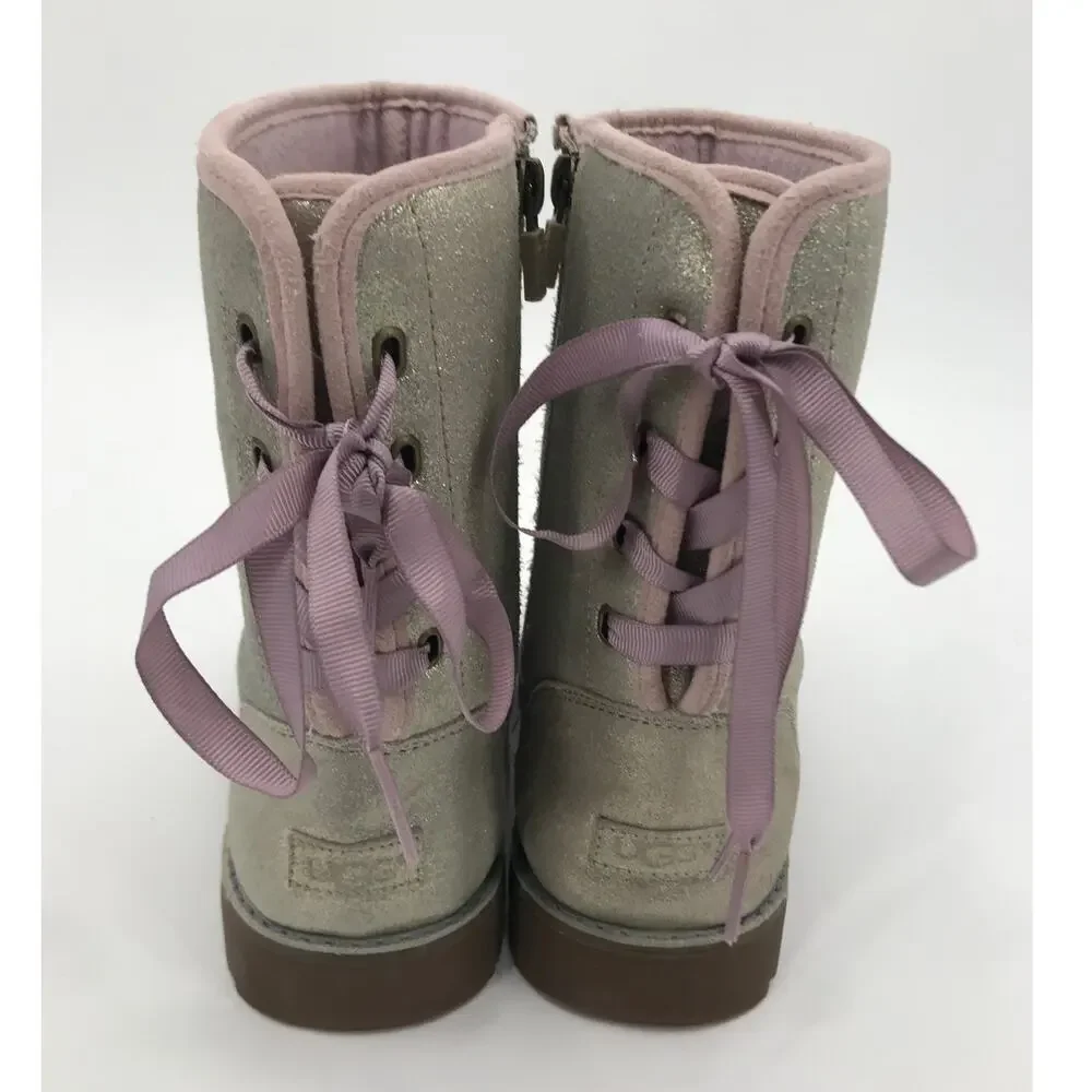 UGG Girls Corene Silver Metallic Suede Pink Lace Up Boots Size 6